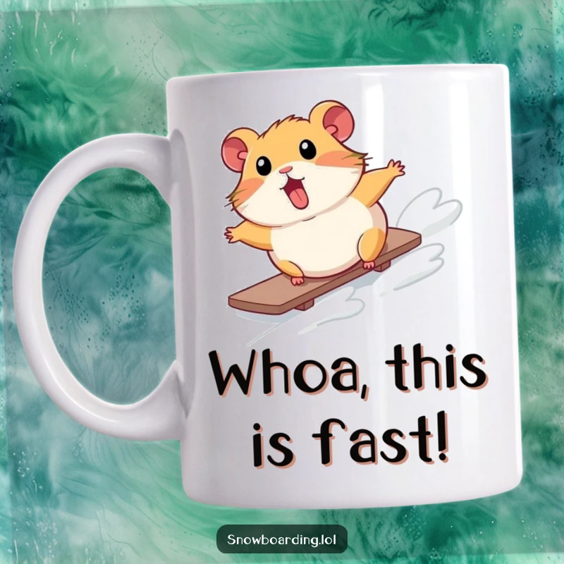 Funny mug showing a surprised hamster comically tumbling down a snowy slope on a snowboard, looking utterly bewildered.