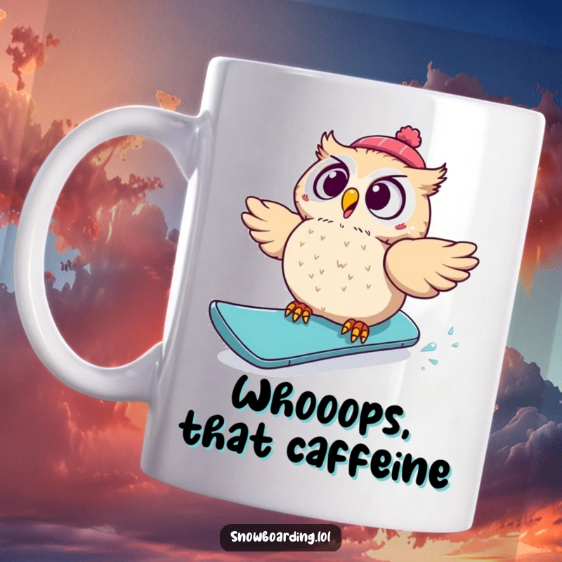 Funny mug showing a surprised owl tumbling awkwardly off a snowboard, eyes wide with shock, capturing a hilarious winter sports mishap.