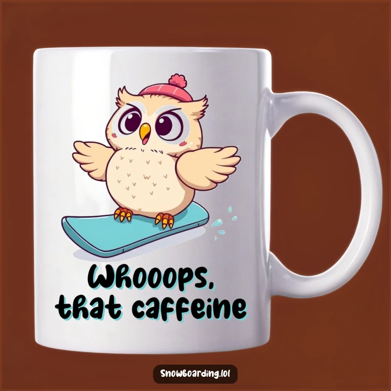 Funny Startled Owl Snowboarder Mug: Hilarious Gift for Clumsy Friends & Owl Lovers!