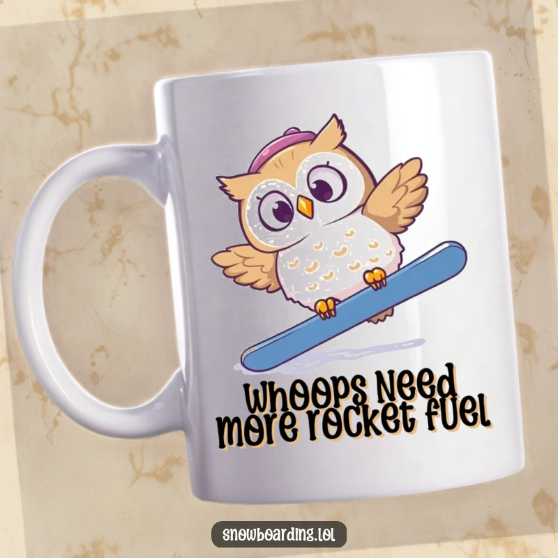 Funny mug featuring a startled owl tumbling off a snowboard, eyes wide with surprise and a comical expression.