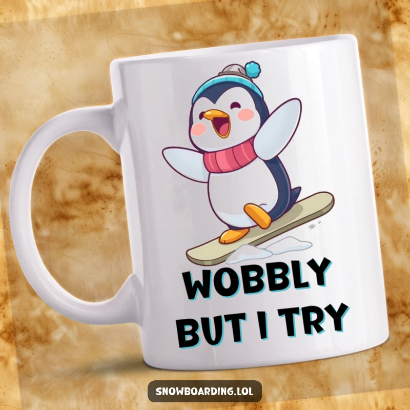 Funny Penguin Snowboarder Mug: A delighted penguin attempting a wobbly, hilarious snowboard trick, capturing pure winter fun.
