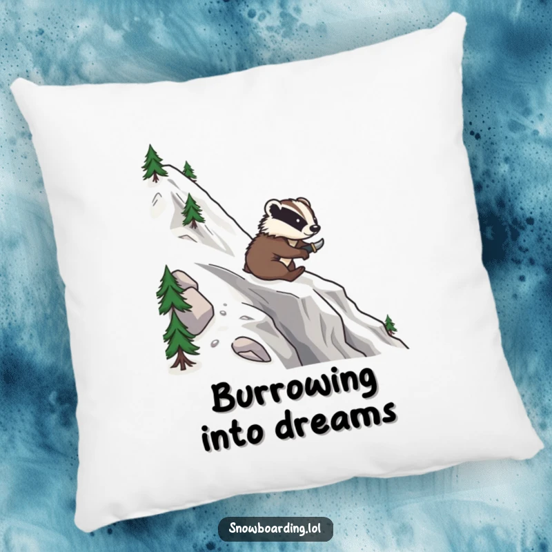Funny pillow with a brave badger snowboarding down a mountain, carving smooth, confident turns.
