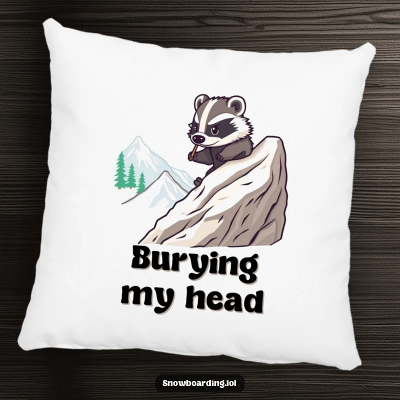 Funny pillow featuring a brave badger snowboarding smoothly down a mountain, bringing comfort and humor to any room, a delightful gift.