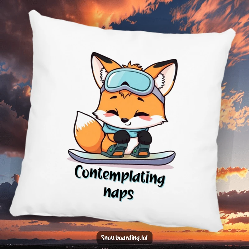 Funny curious fox checking snowboard bindings with a smile on a soft pillow, bringing humorous thoughtfulness and comfort.