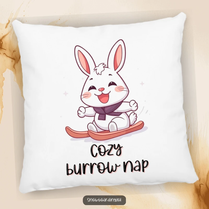 Funny cheerful rabbit carving a snowboard turn with a big grin on a soft pillow, bringing humorous comfort and joy.