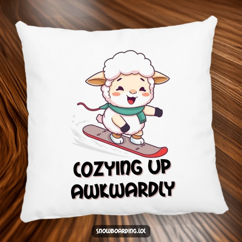 A soft pillow featuring a funny, giggling sheep awkwardly balancing on a snowboard, perfect for comfort and humor.