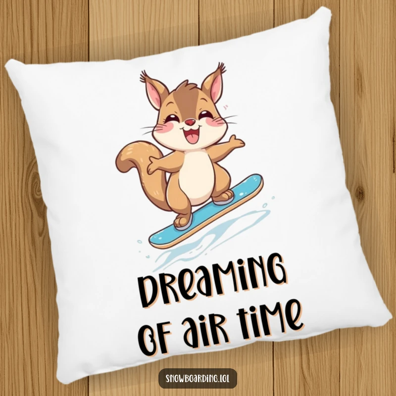 Funny Giggling Squirrel Snowboarder Pillow: A soft pillow featuring a giggling squirrel mid-jump on a snowboard.