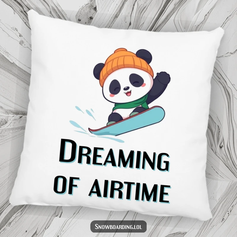 Funny panda snowboard pillow featuring a panda attempting a snowboard flip, providing comfort and a hilarious touch to home decor.