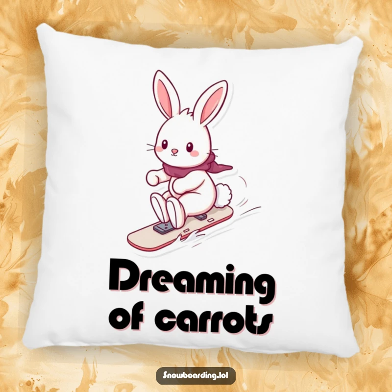 Funny pillow featuring a playful bunny snowboarding with its fluffy tail trailing, bringing adorable comfort and humor to any space, a cute gift.