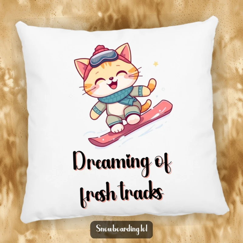 Funny snowboarding cat pillow, a smiling cat embracing the thrill of riding a snowboard down a snowy mountain.