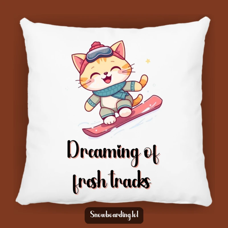 Funny Snowboarding Cat Pillow: Cuddly Gift for Happy Dreamers