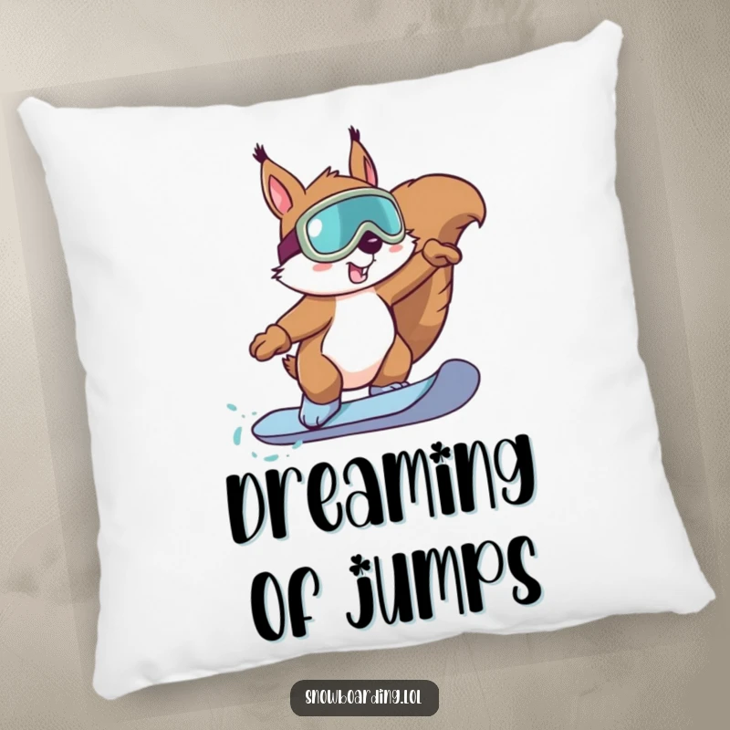 Funny Squirrel Snowboard Pillow: A determined squirrel in goggles performs a snowboard trick, bringing cozy humor.