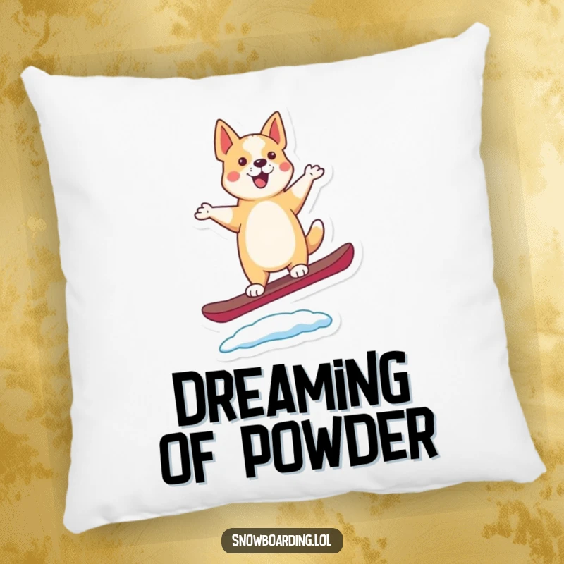 Funny pillow with a happy, dancing dog balancing on a snowboard, its tail wagging with pure joy.