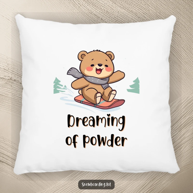 Funny pillow featuring a delightful bear snowboarding down a snowy slope, adding a humorous touch to cozy spaces.