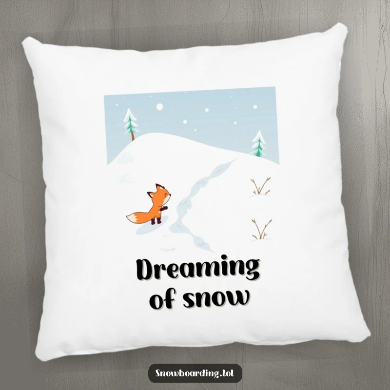 Funny pillow with a determined fox skiing down a snowy hill, offering comfort and a humorous, adventurous vibe.