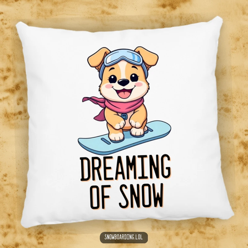 Funny Pillow: A joyful puppy snowboards with a massive grin, offering fluffy comfort and a dose of winter humor.