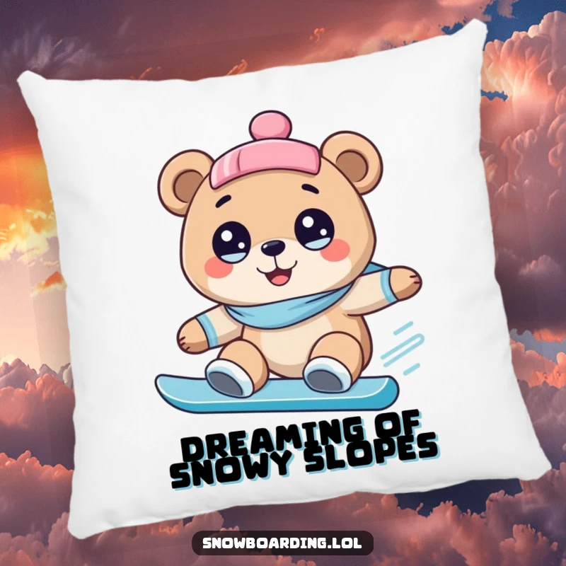 Funny pillow displaying a happy bear with wide, excited eyes snowboarding downhill, offering plush comfort and humorous charm.