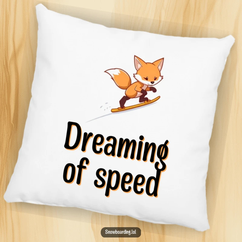 Funny fox skiing pillow, illustrating a determined fox making a swift, joyful descent down a snow-covered slope.