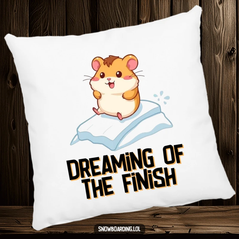 Funny pillow with a cheerful hamster racing down a small icy incline, offering comfort and a touch of speedy winter amusement.