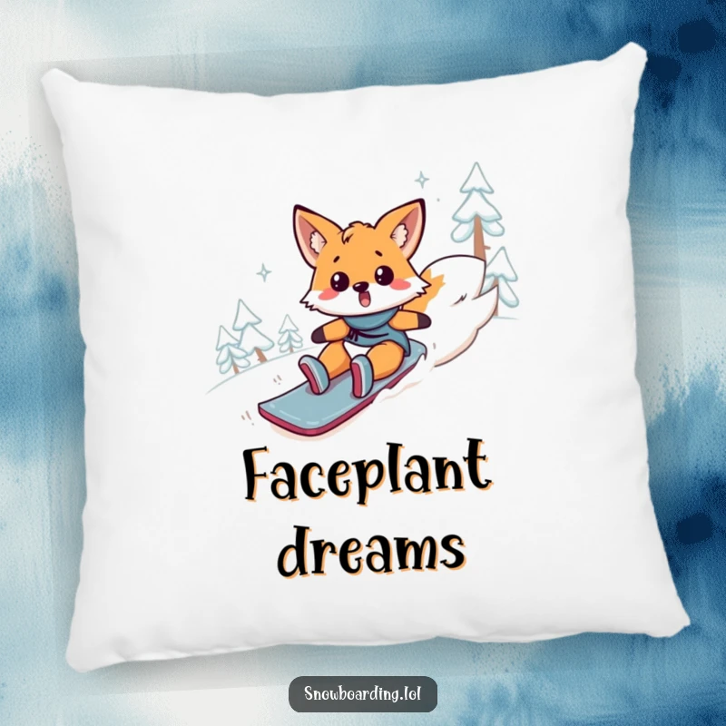 Funny fox pillow, a surprised animal comically tumbling down a snowy mountain, soft and comfy. A humorous accent.
