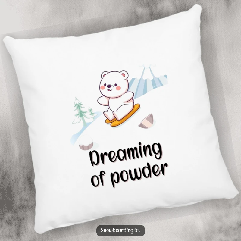 Funny pillow depicting a happy bear smoothly snowboarding down a snowy mountain, offering comfort and winter amusement.