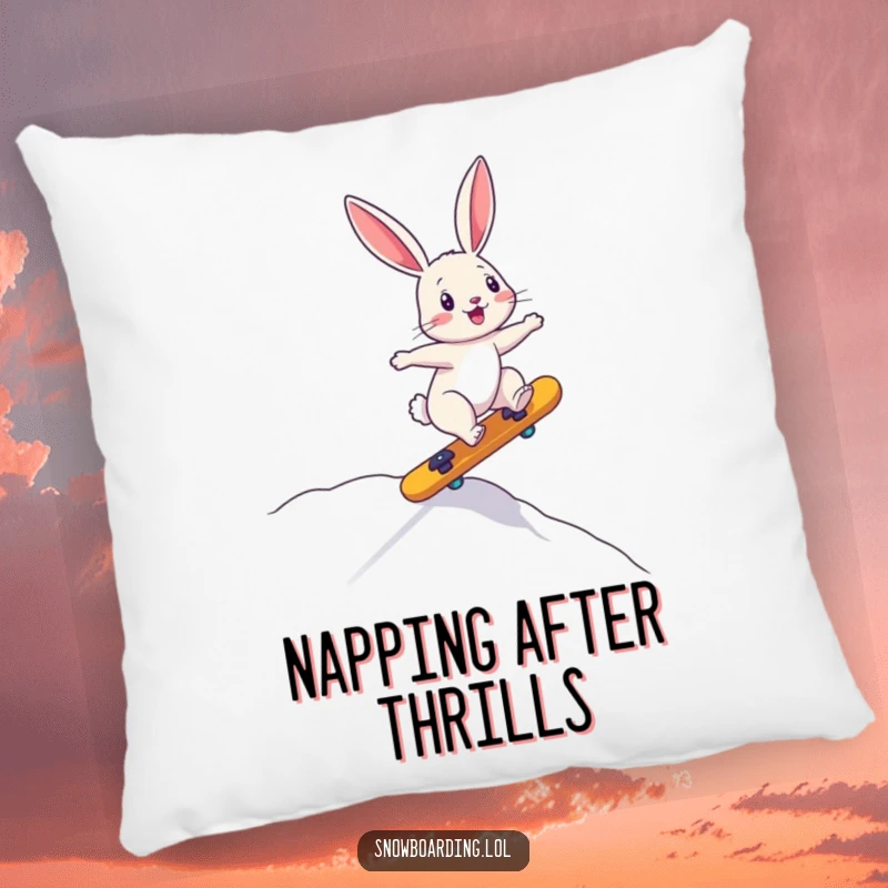 Funny pillow depicting a bouncing bunny precariously riding a board downhill, offering comfort and amusing adventure.