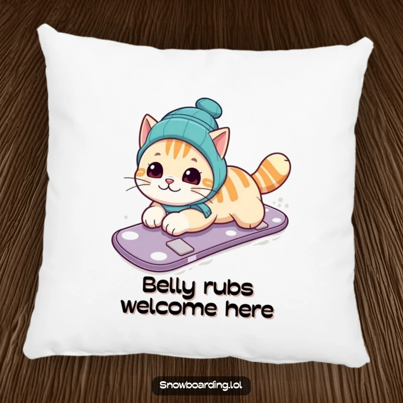 Funny pillow displaying a curious cat sliding on its belly down a snowy slope on a snowboard, offering plush comfort and humor.