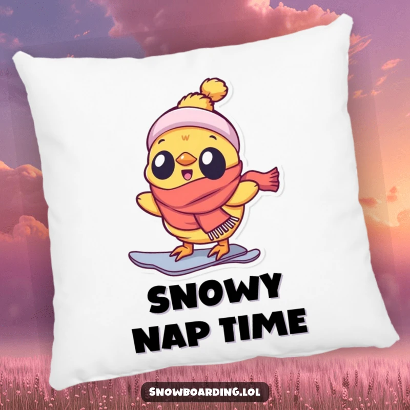 Funny pillow with a delighted chick snowboarding enthusiastically, perfect for adding humor and comfort.