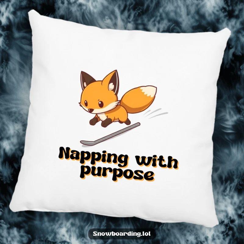 Funny pillow featuring a determined fox snowboarding swiftly down a mountain, bringing focused comfort and humor to any space, a sleek gift.