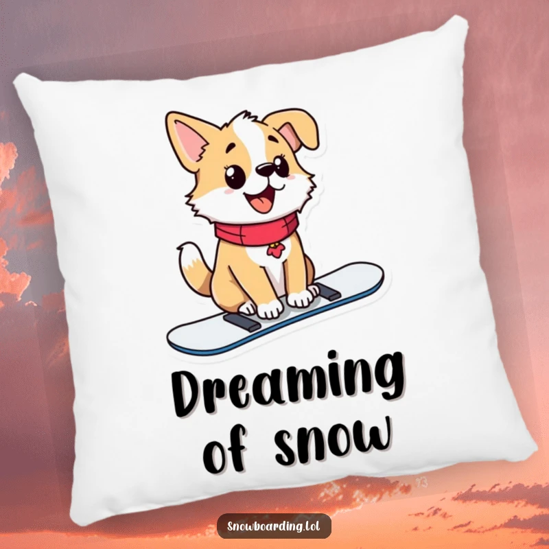 Funny pillow with a proud dog sitting upright on a snowboard, tail wagging happily.