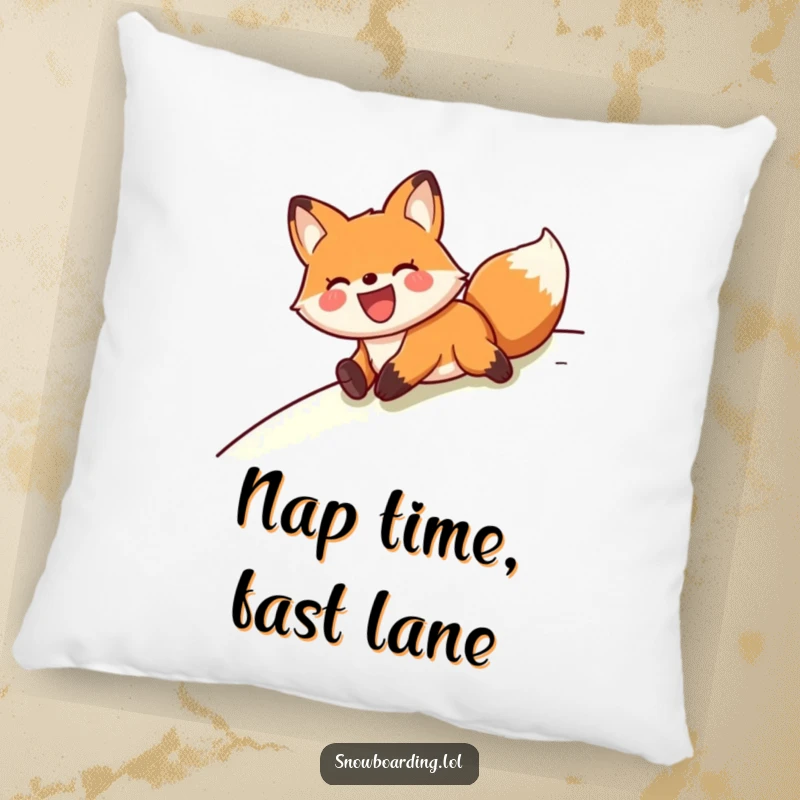 A plush pillow featuring a funny, joyful fox sliding downhill on its belly, adding comfort and humor.