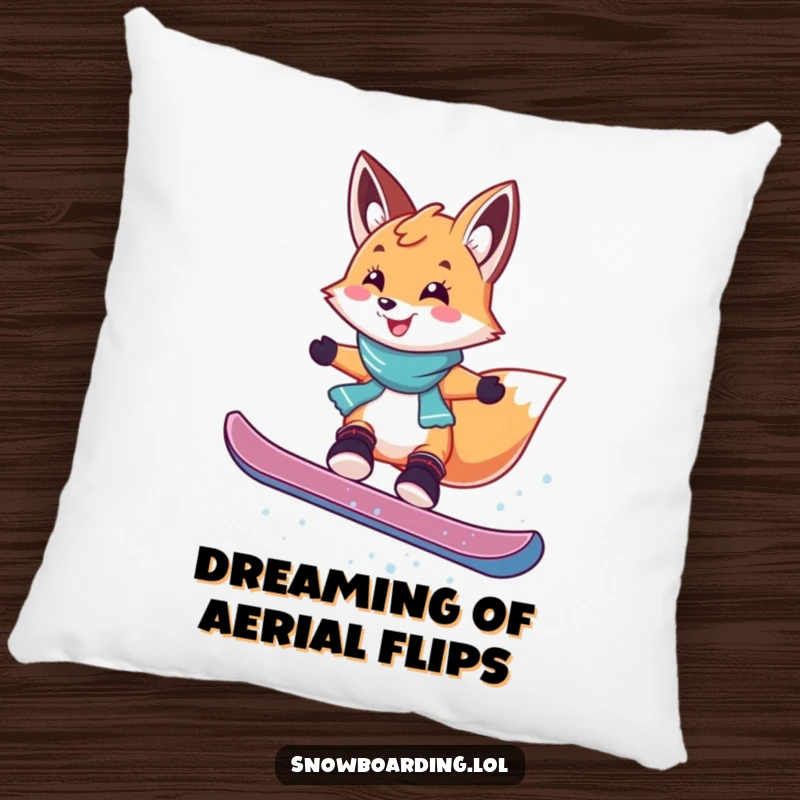 Funny pillow displaying a smiling fox mid-air during a playful snowboard jump, offering plush comfort and humorous winter charm.