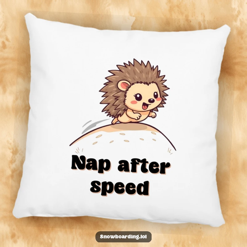 Funny Pillow: A happy hedgehog zooms down a hill, offering soft comfort and a theme of speed.