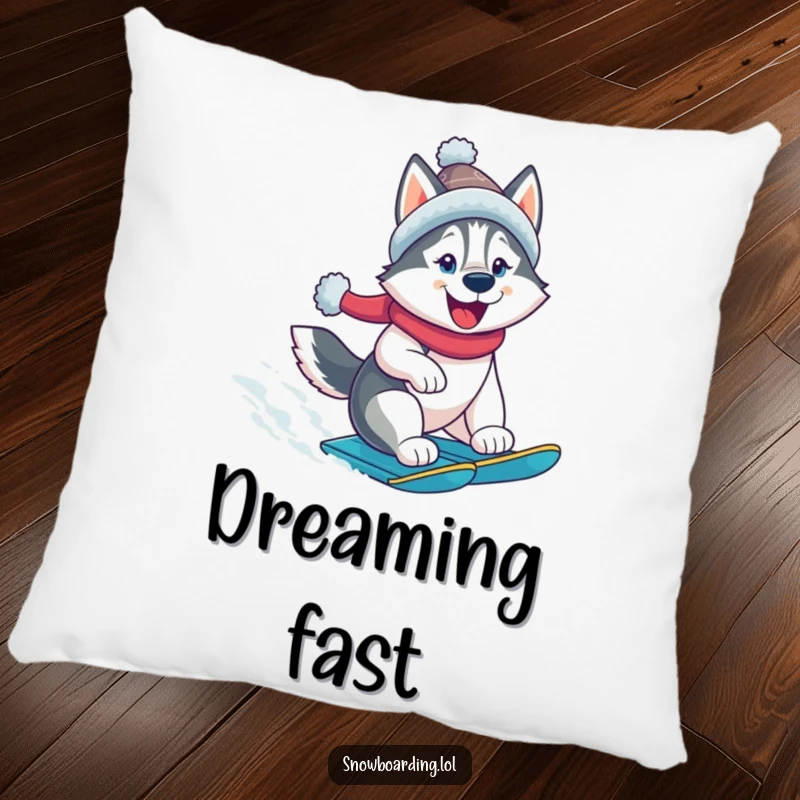 Funny husky pillow, a cheerful dog snowboarding, soft and comfortable. A humorous accent for any room.