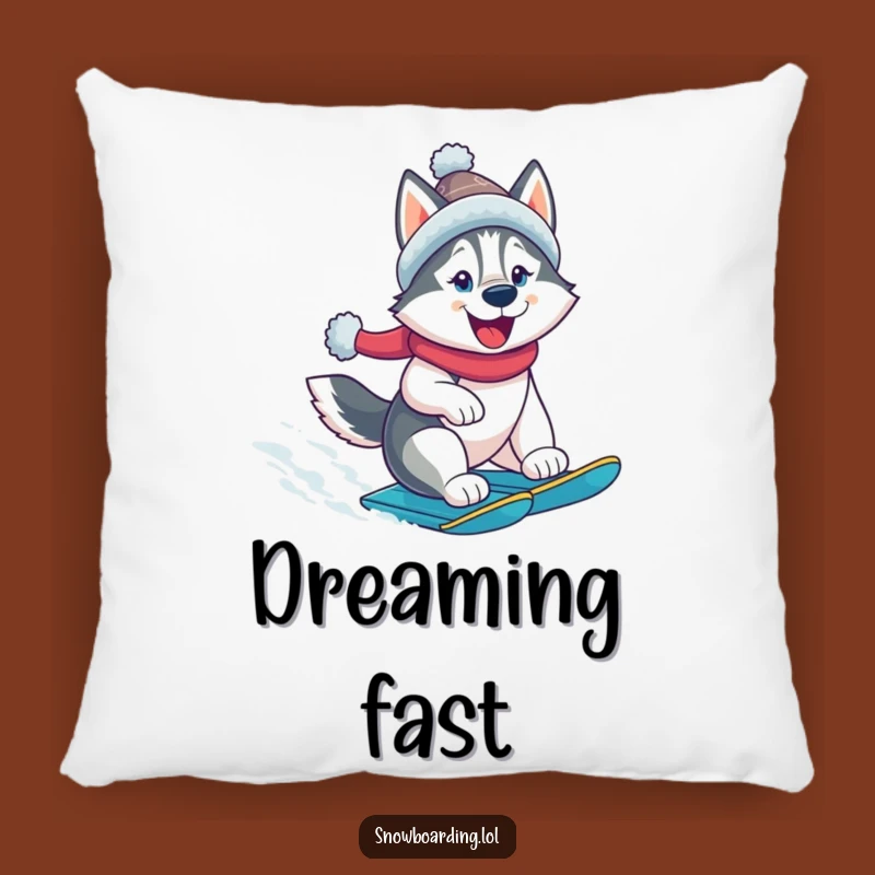 Funny Husky Snowboarder Pillow: Cheerful Dog, Cozy Comfort, Extreme Fun Gift