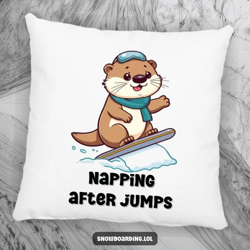 Funny Pillow: A proud otter lands a snowboard jump, offering soft comfort and a humorous winter theme.
