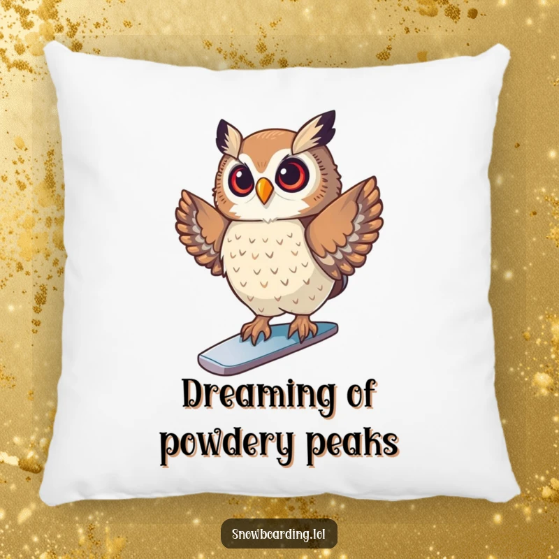 Funny Pillow featuring a proud owl striking a pose on a snowboard, providing comfort and humorous winter sports vibes for any room.