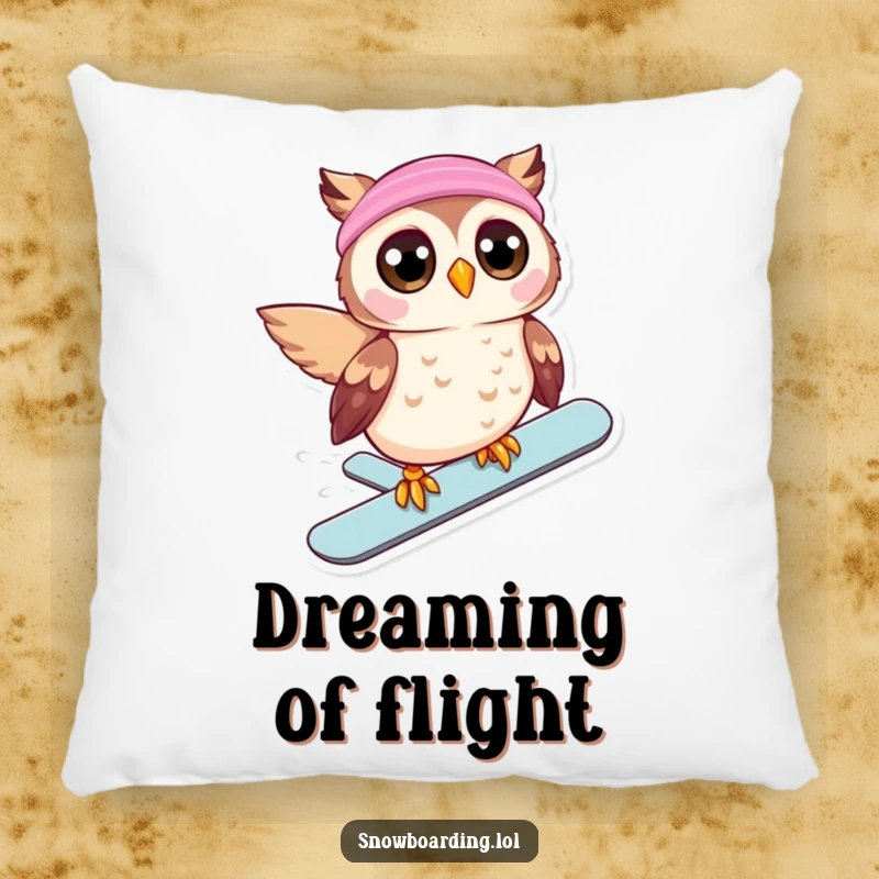 Funny pillow featuring a beaming owl, eyes wide, snowboarding downhill, perfect for comfortable, humorous winter lounging.