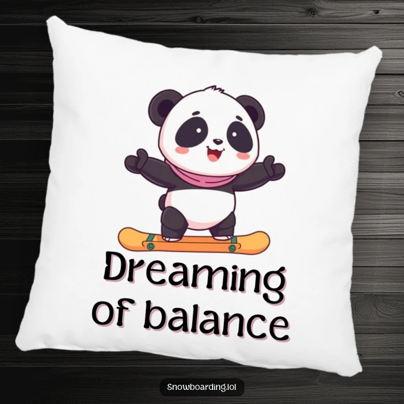 A soft pillow featuring a funny panda precariously balanced on a snowboard, perfect for comfort and humor.