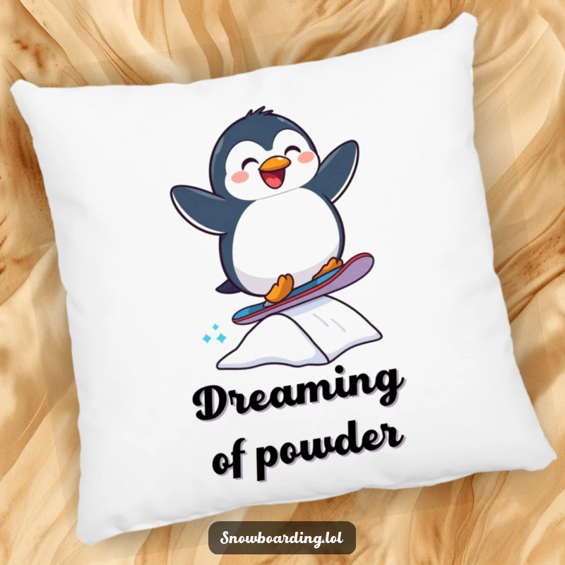 Funny pillow featuring a joyful penguin snowboarding off a ramp, soft and perfect for adding cool, humorous decor.