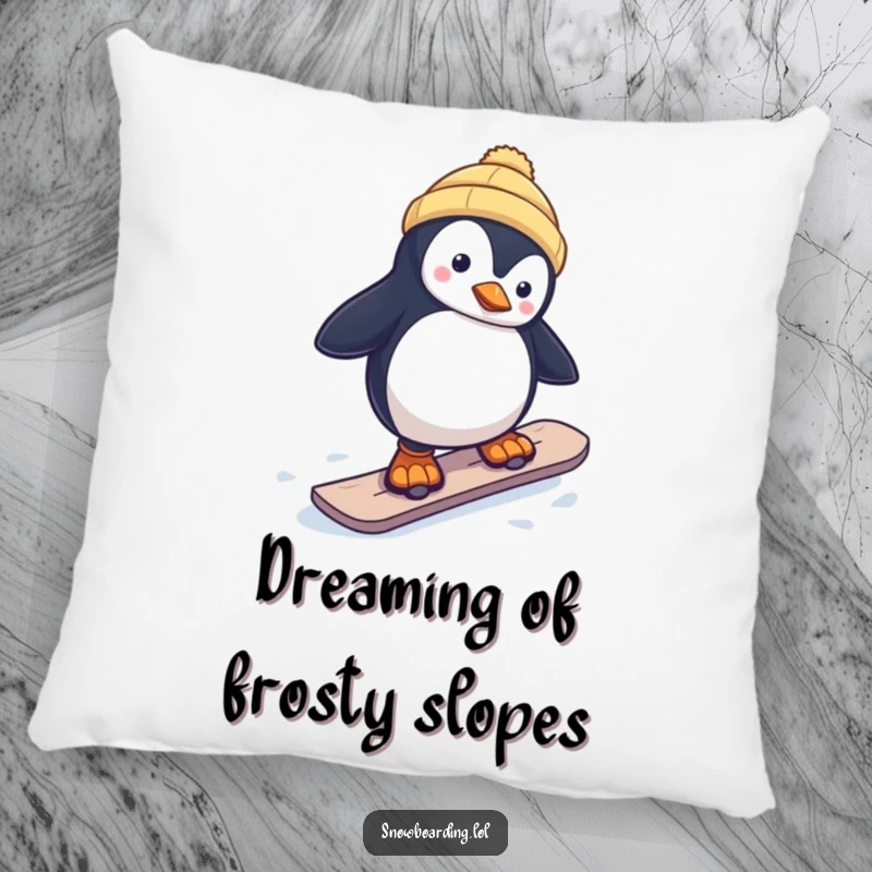Funny pillow with a curious penguin wobbling on a snowboard, providing comfort and a touch of comical winter sports charm.