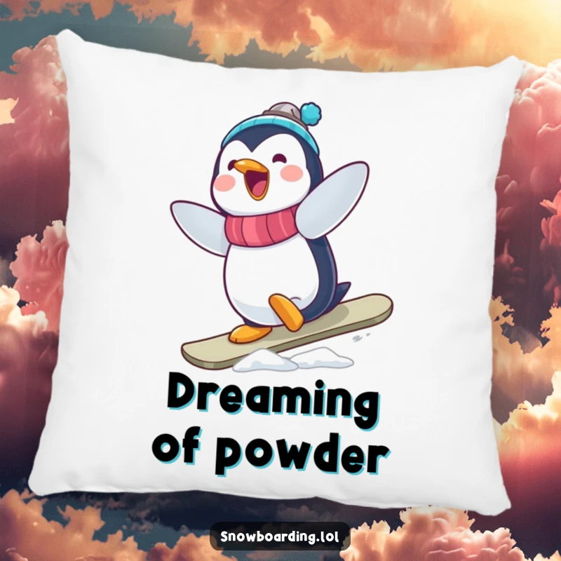 Funny Penguin Snowboarder Pillow: A delighted penguin executing a wobbly, funny snowboard trick, adding comfort and cheer.