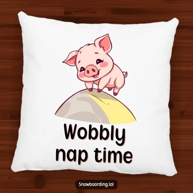 Funny pillow with a playful piglet comically wobbling down a slope, a cartoon character bringing cozy, adorable comfort.