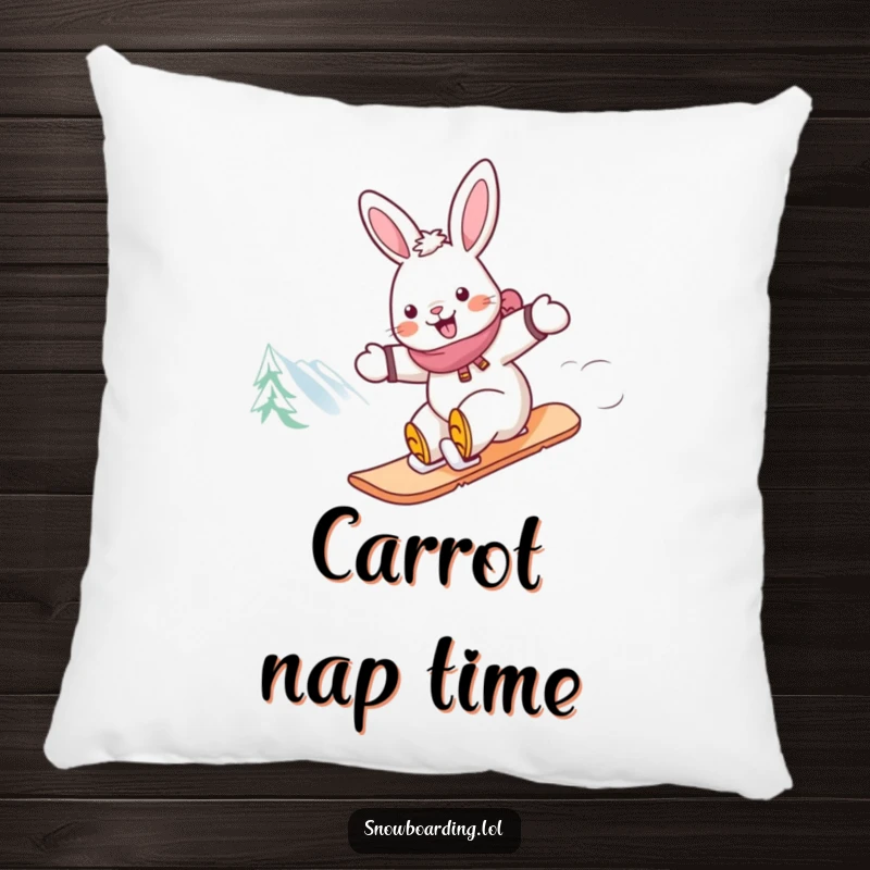 Funny rabbit snowboarding pillow, a cheerful rabbit zooming down a mountain with a snowboard, embodying speed and happiness.