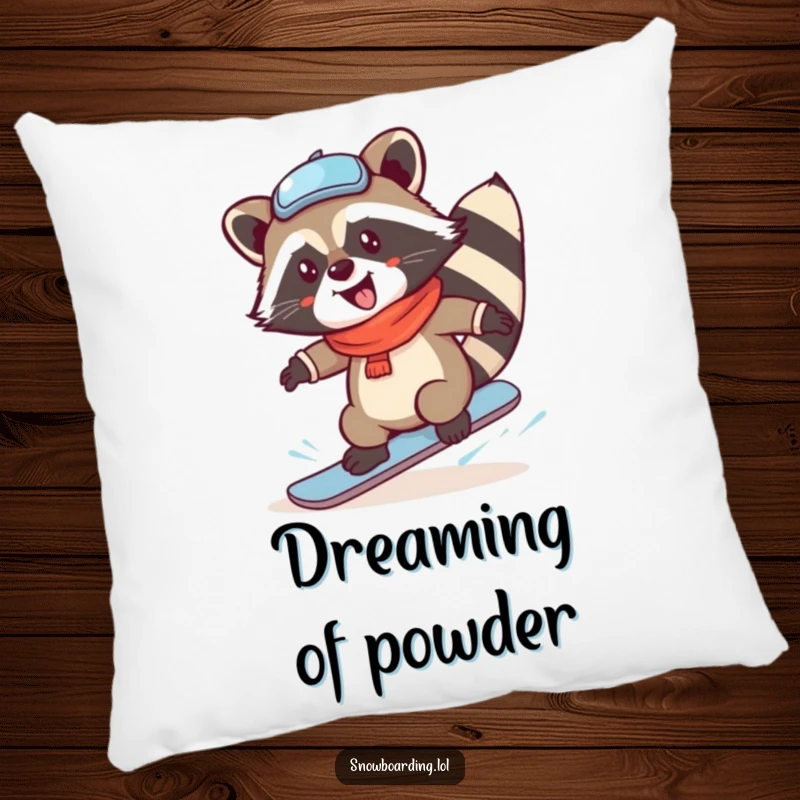 Funny Raccoon Pillow depicting a character mid-snowboard spin, offering cozy comfort and a dose of winter humor.