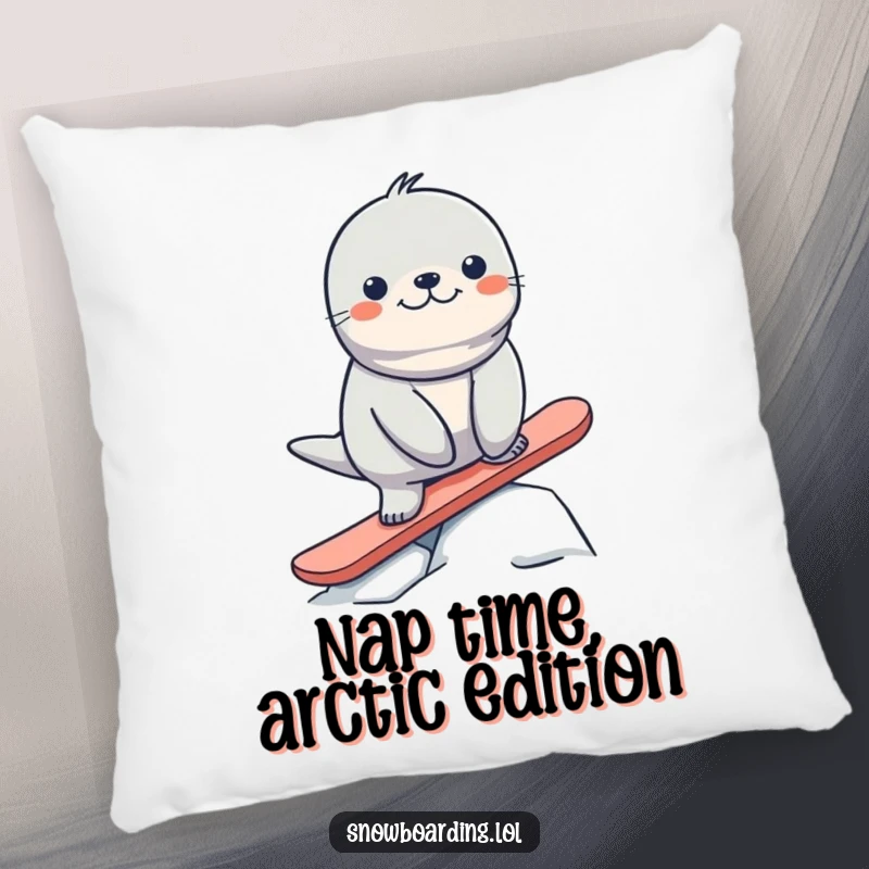 Funny seal in a slightly unstable snowboarding pose on a plush pillow, offering hilarious Arctic comfort.