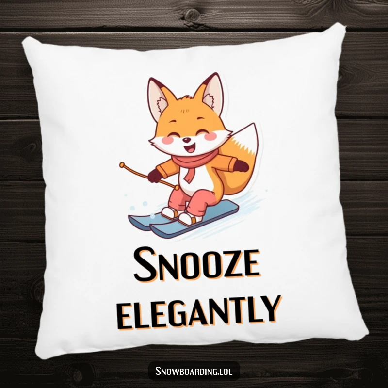 Funny pillow featuring a smiling fox snowboarding and carving turns, adding a humorous and stylish touch to cozy spaces.