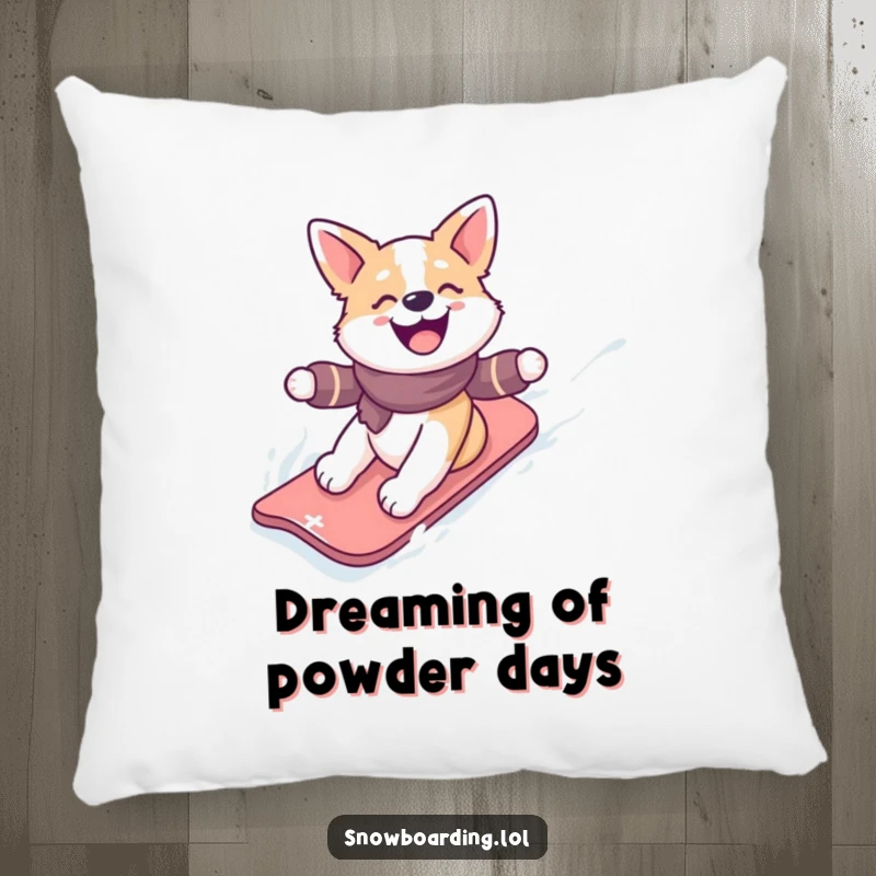 Funny pillow featuring a happy dog gleefully snowboarding down a snowy slope, perfect for cozying up with winter cheer.