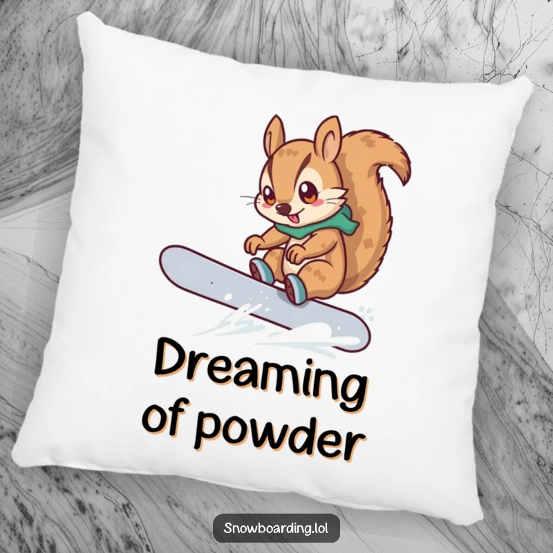 Funny pillow with a determined squirrel snowboarding and attempting a trick, a cartoon character bringing cozy, winter-themed comfort.