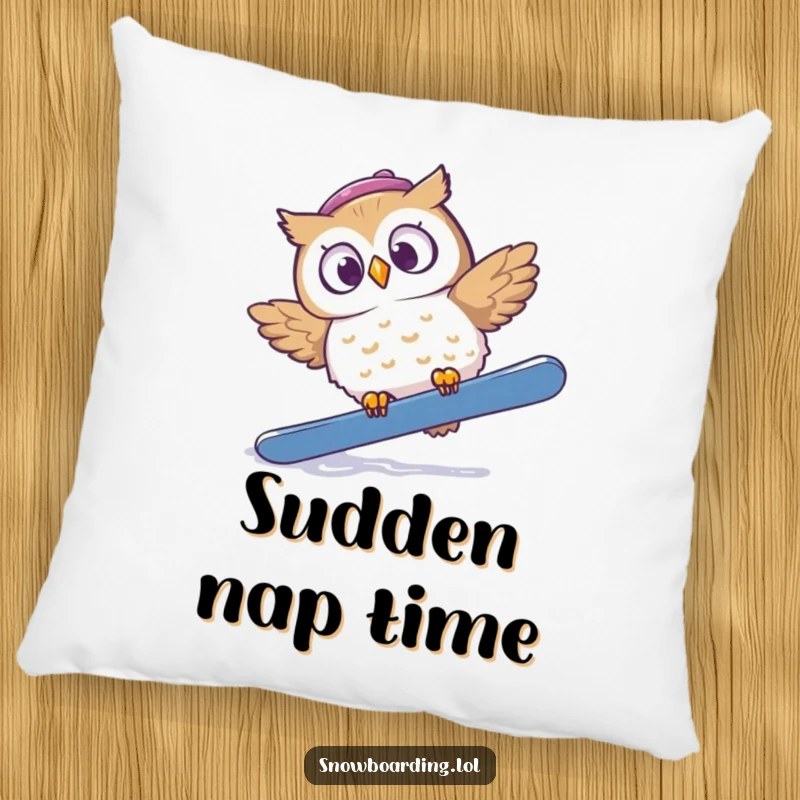 Funny pillow with a startled owl tumbling off a snowboard, looking comically surprised and wide-eyed.
